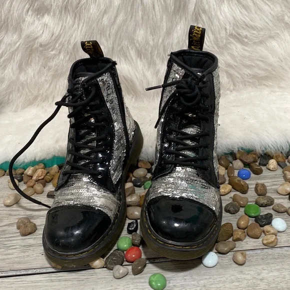 Dr. Martens Pooch Silver Sequins Combat Boots Side Zip - Picture 2 of 9